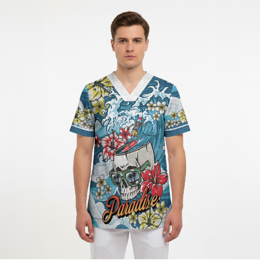 Hawaii Santa Skeleton Surfing Personalized Scrub Top Mele Kalikimaka i Iulai!