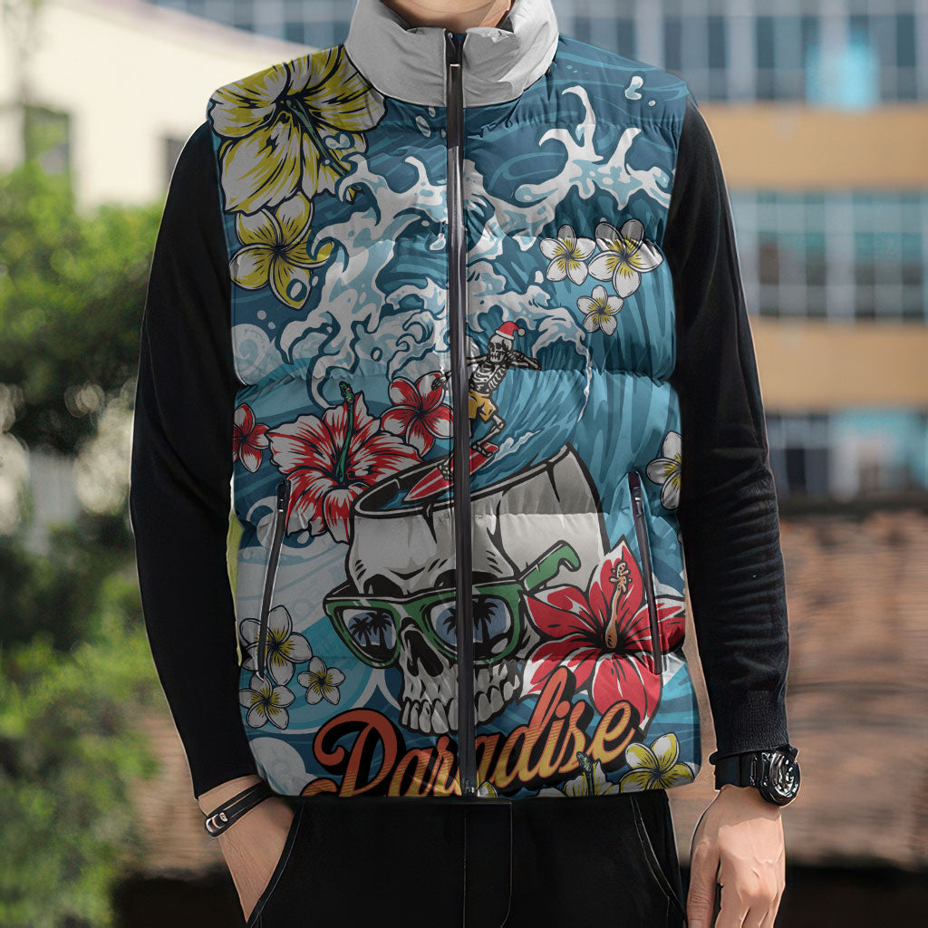 Hawaii Santa Skeleton Surfing Personalized Sleeveless Puffer Jacket Mele Kalikimaka i Iulai!