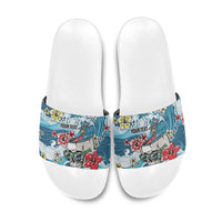Hawaii Santa Skeleton Surfing Personalized Slide Sandals Mele Kalikimaka i Iulai!