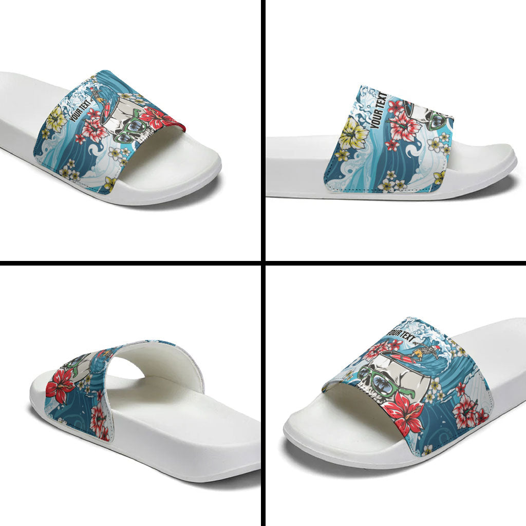 Hawaii Santa Skeleton Surfing Personalized Slide Sandals Mele Kalikimaka i Iulai!