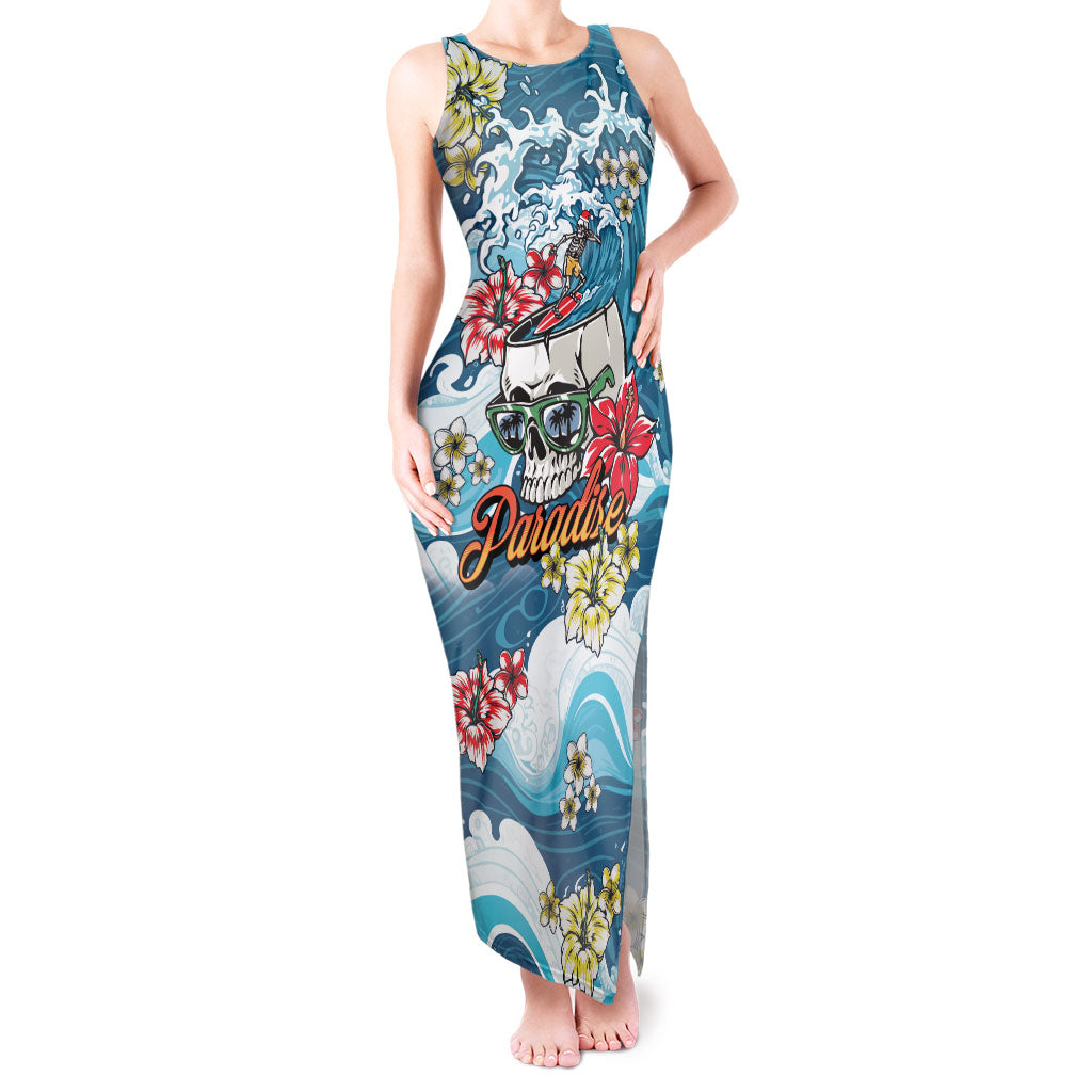 Hawaii Santa Skeleton Surfing Personalized Tank Maxi Dress Mele Kalikimaka i Iulai! LT9 Women Blue - Polynesian Pride