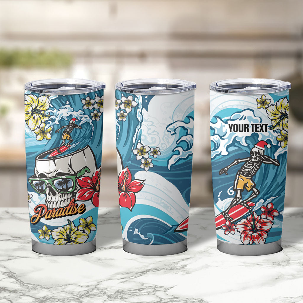 Hawaii Santa Skeleton Surfing Personalized Tumbler Cup Mele Kalikimaka i Iulai!