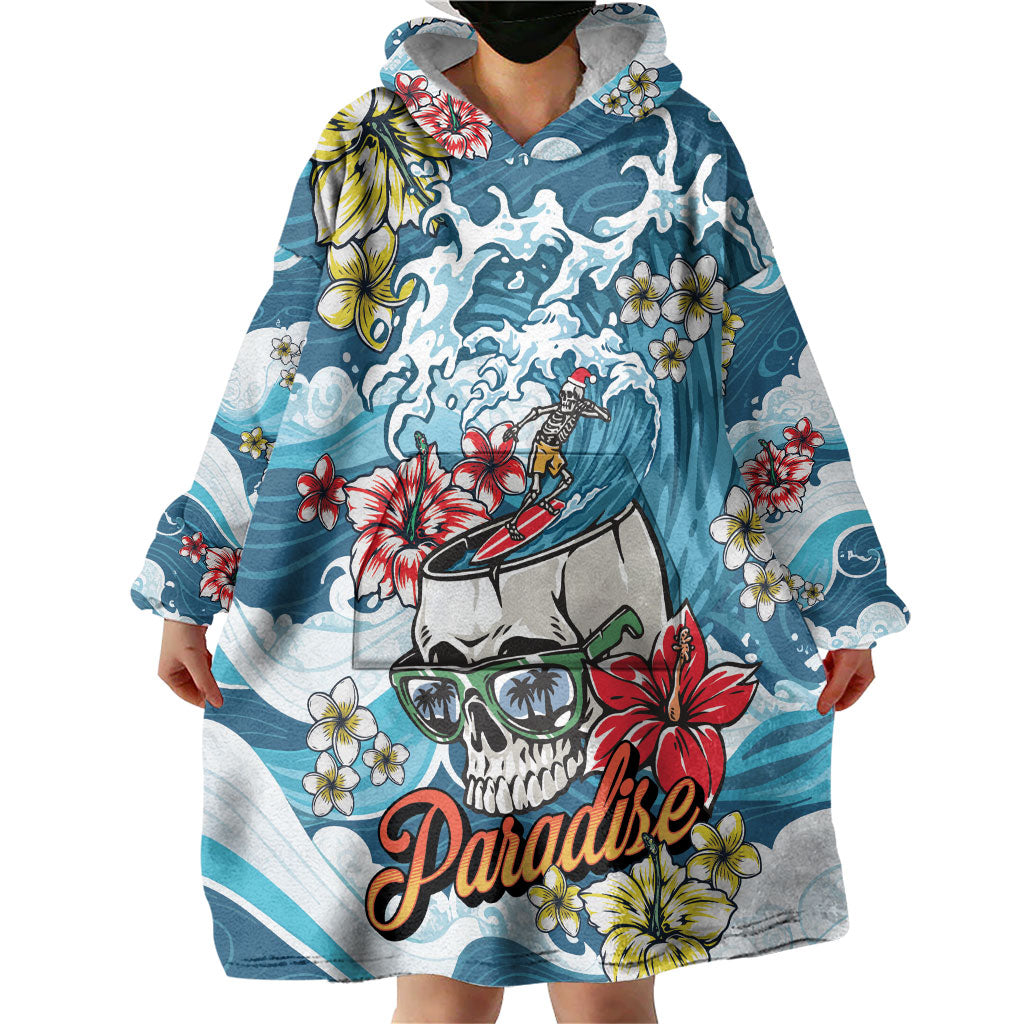 Hawaii Santa Skeleton Surfing Personalized Wearable Blanket Hoodie Mele Kalikimaka i Iulai!
