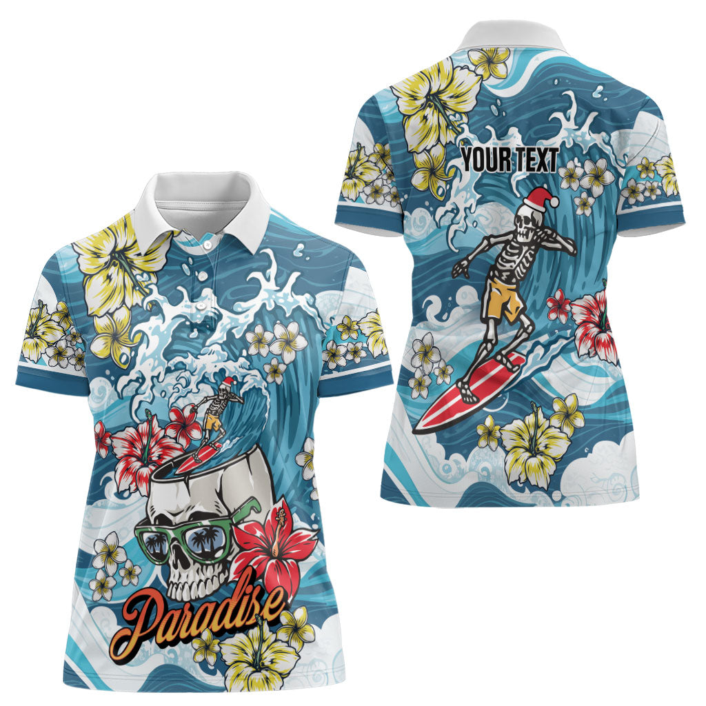 Hawaii Santa Skeleton Surfing Personalized Women Polo Shirt Mele Kalikimaka i Iulai!