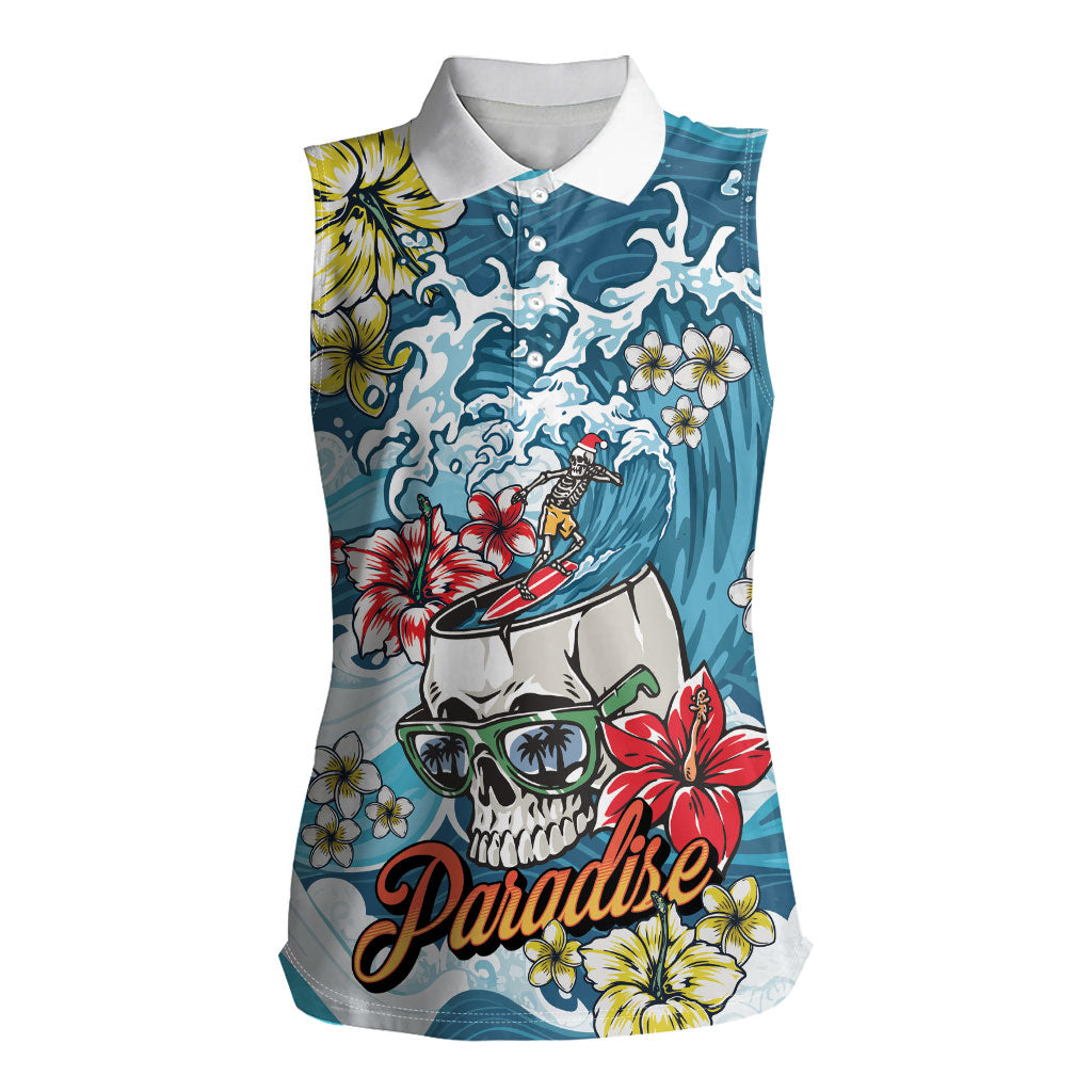 Hawaii Santa Skeleton Surfing Personalized Women Sleeveless Polo Shirt Mele Kalikimaka i Iulai!