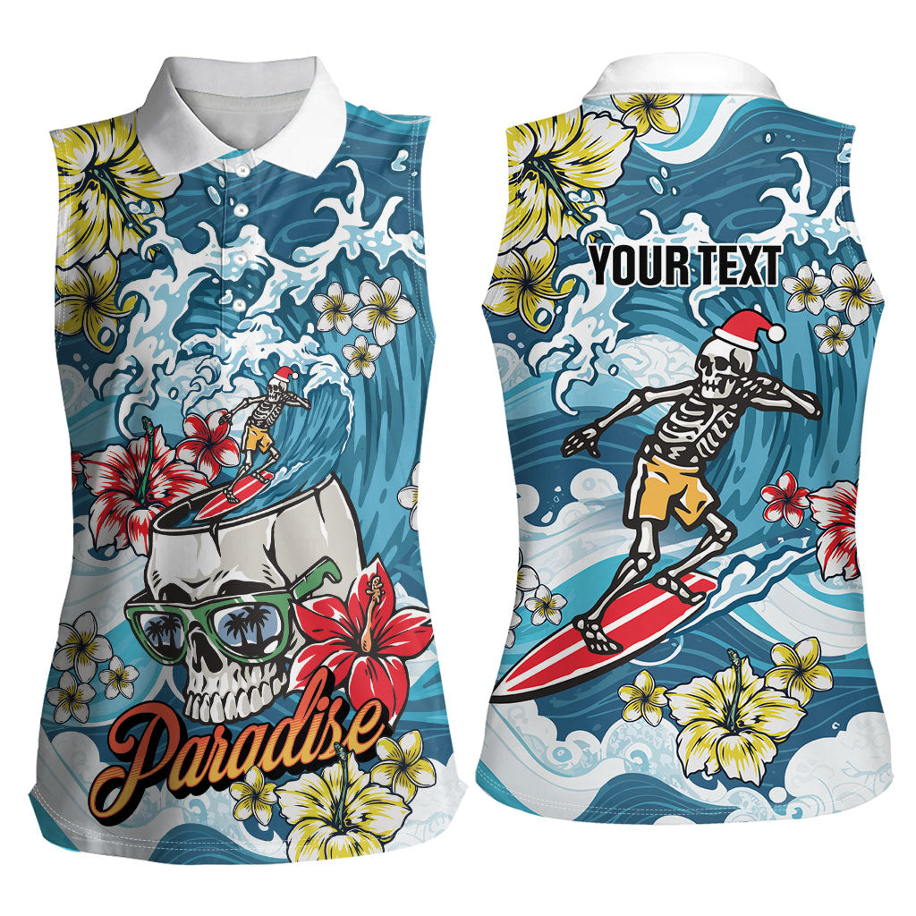 Hawaii Santa Skeleton Surfing Personalized Women Sleeveless Polo Shirt Mele Kalikimaka i Iulai!