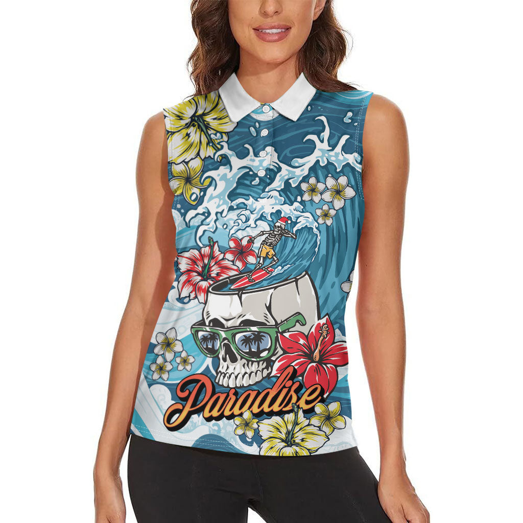 Hawaii Santa Skeleton Surfing Personalized Women Sleeveless Polo Shirt Mele Kalikimaka i Iulai!