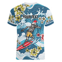 Hawaii Santa Skeleton Surfing Personalized Women V-Neck T-Shirt Mele Kalikimaka i Iulai!