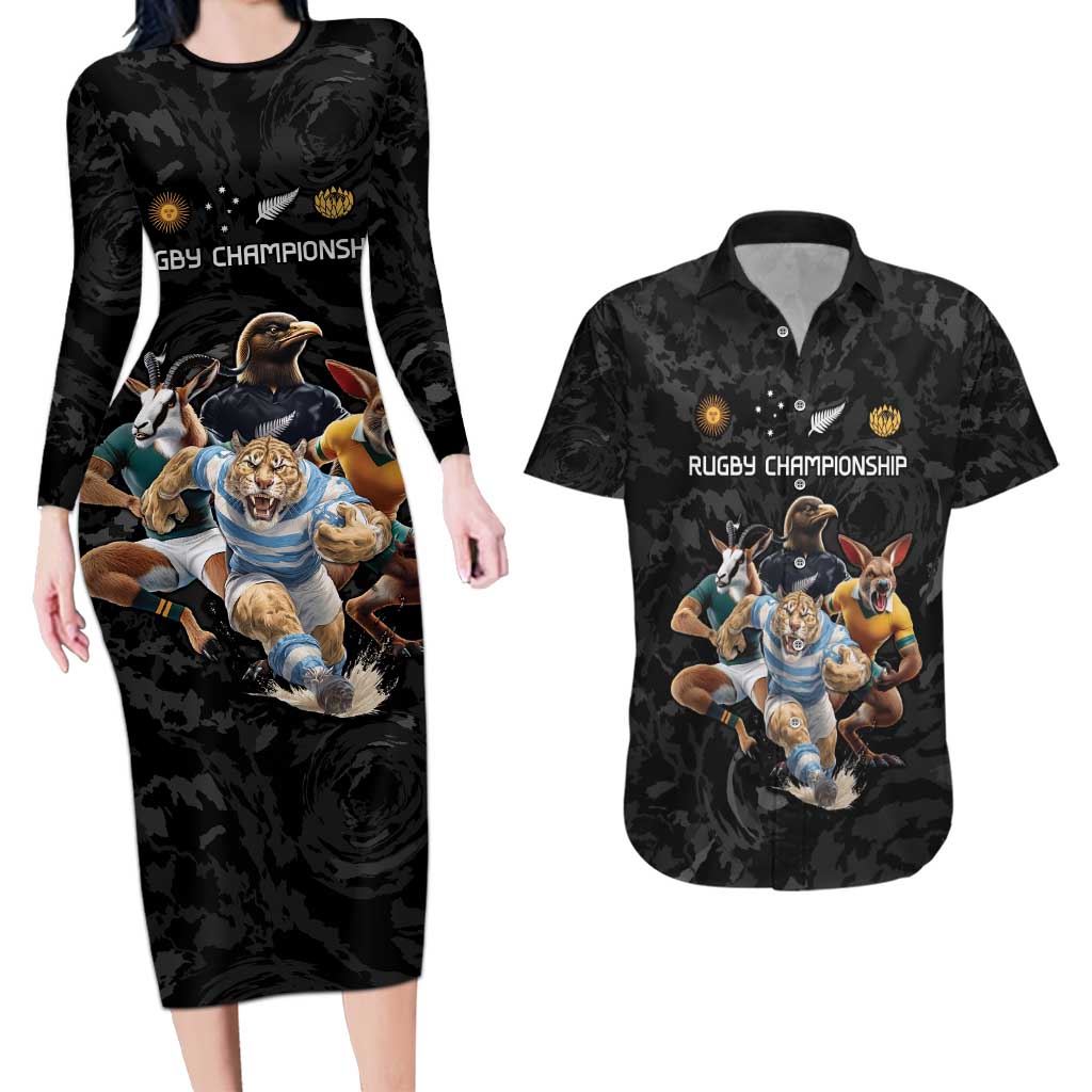 Custom Rugby Southern Hemisphere Couples Matching Long Sleeve Bodycon Dress and Hawaiian Shirt Argentina AUNZ South Africa Mascot Black LT9 Black - Polynesian Pride