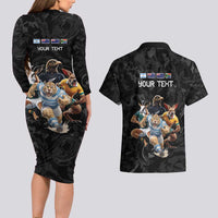 Custom Rugby Southern Hemisphere Couples Matching Long Sleeve Bodycon Dress and Hawaiian Shirt Argentina AUNZ South Africa Mascot Black LT9 - Polynesian Pride