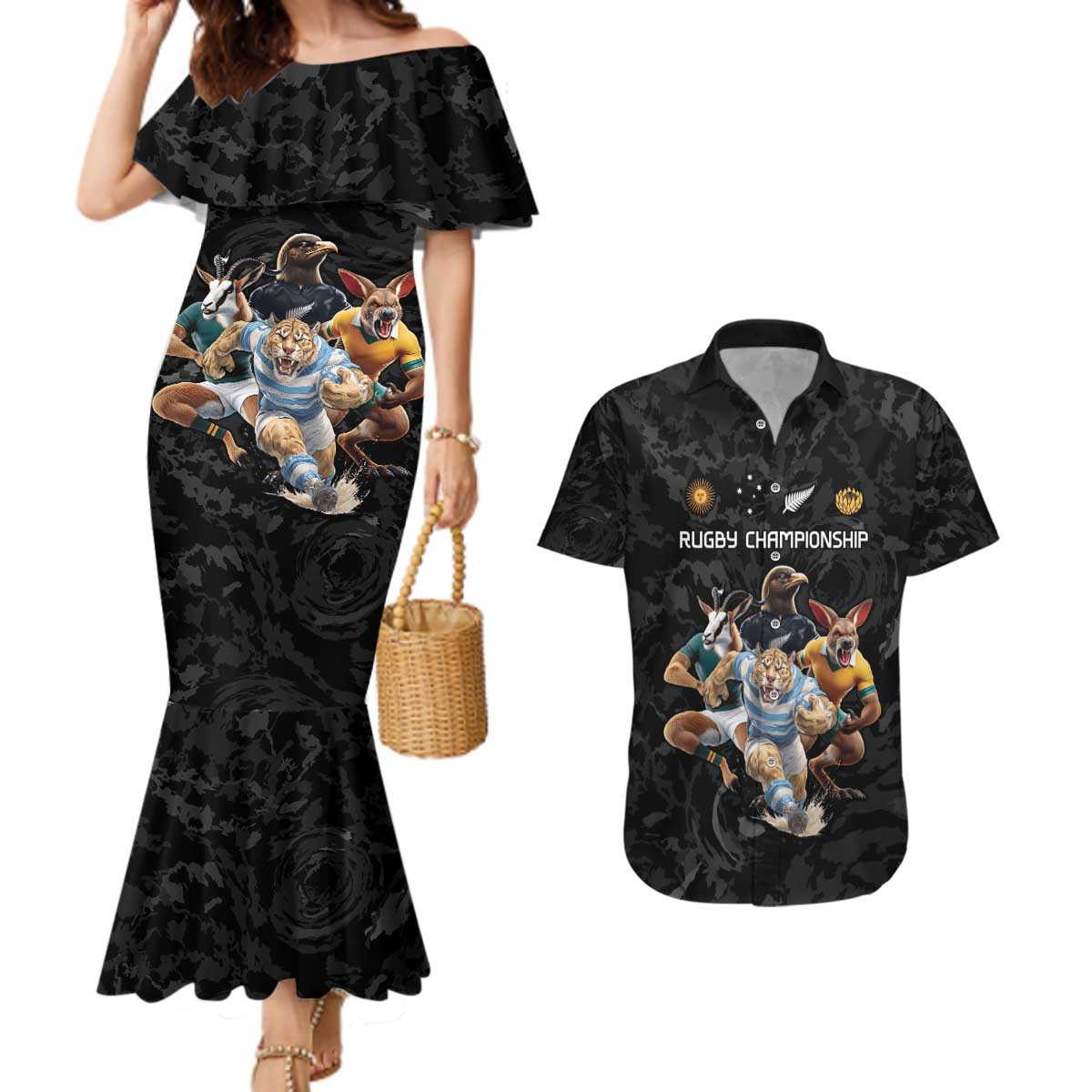 Custom Rugby Southern Hemisphere Couples Matching Mermaid Dress and Hawaiian Shirt Argentina AUNZ South Africa Mascot Black - Polynesian Pride