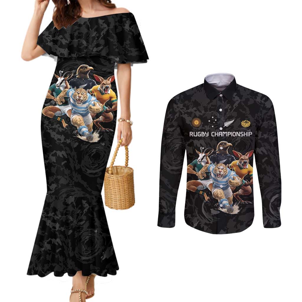 Custom Rugby Southern Hemisphere Couples Matching Mermaid Dress and Long Sleeve Button Shirt Argentina AUNZ South Africa Mascot Black - Polynesian Pride