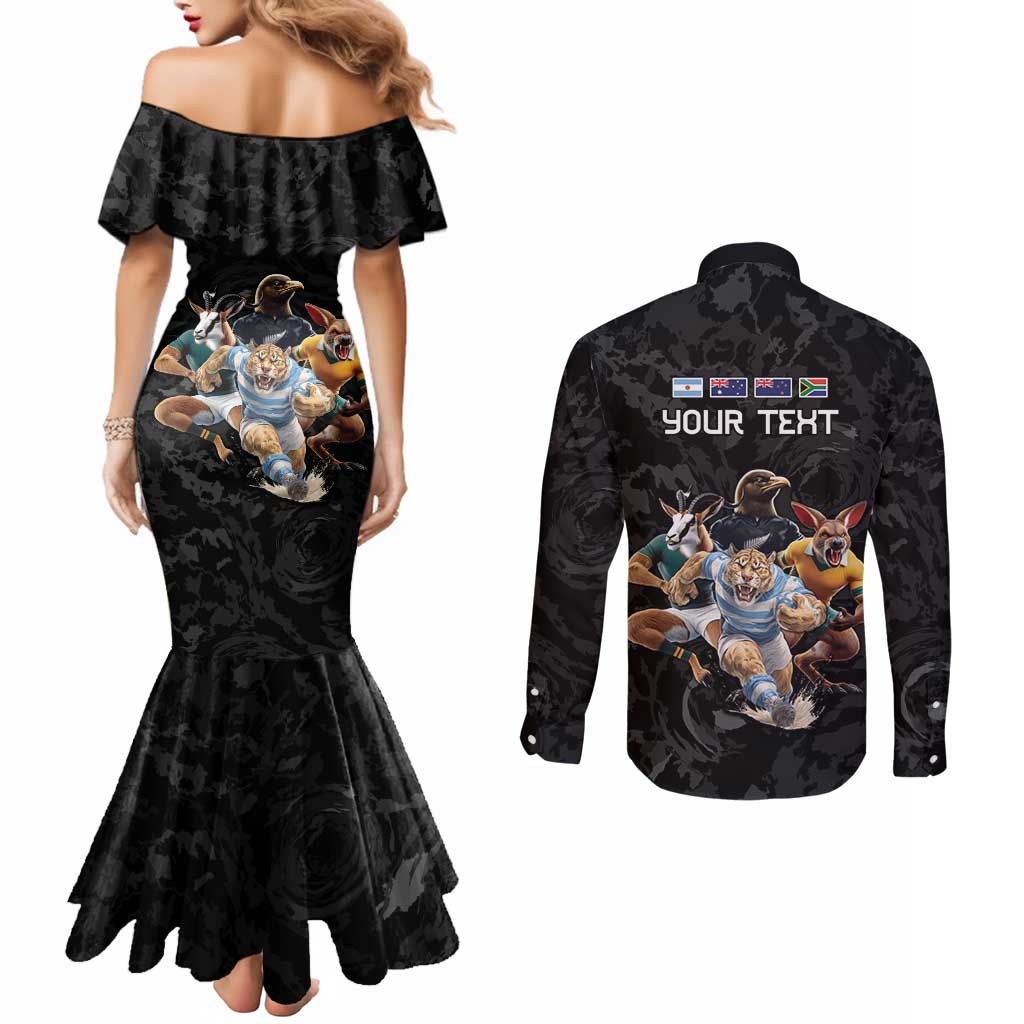 Custom Rugby Southern Hemisphere Couples Matching Mermaid Dress and Long Sleeve Button Shirt Argentina AUNZ South Africa Mascot Black - Polynesian Pride