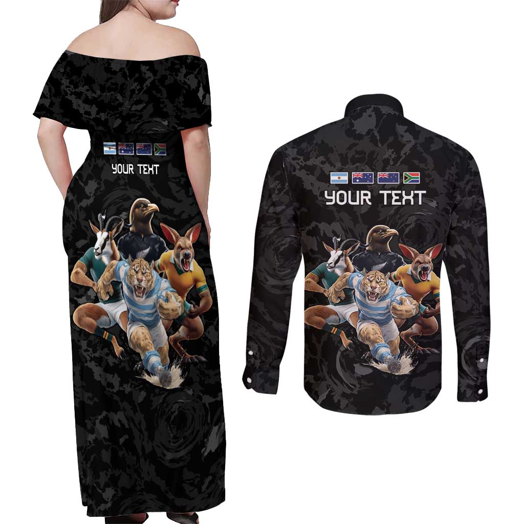 Custom Rugby Southern Hemisphere Couples Matching Off Shoulder Maxi Dress and Long Sleeve Button Shirt Argentina AUNZ South Africa Mascot Black - Polynesian Pride