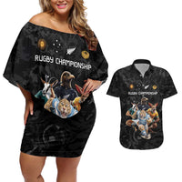 Custom Rugby Southern Hemisphere Couples Matching Off Shoulder Short Dress and Hawaiian Shirt Argentina AUNZ South Africa Mascot Black - Polynesian Pride