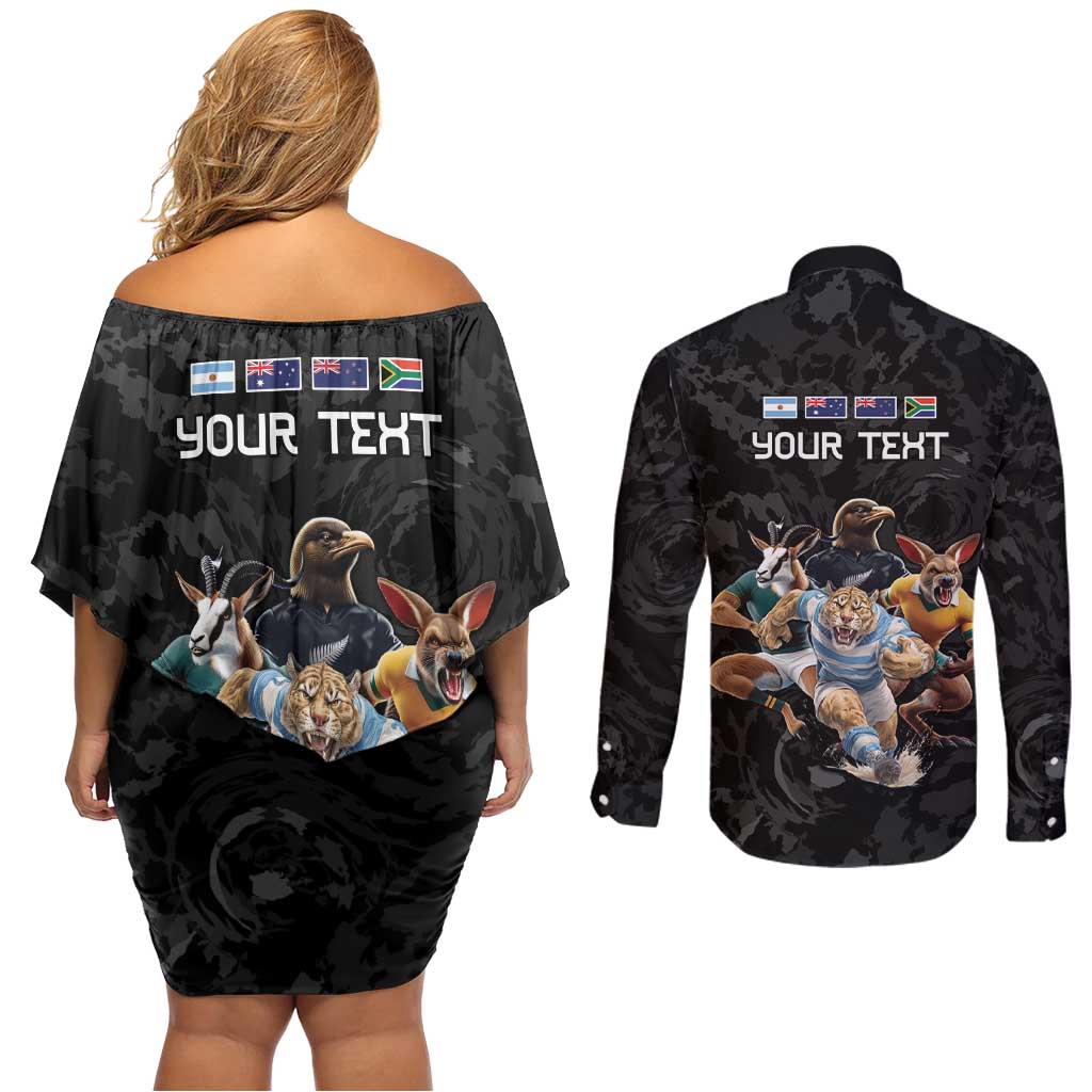 Custom Rugby Southern Hemisphere Couples Matching Off Shoulder Short Dress and Long Sleeve Button Shirt Argentina AUNZ South Africa Mascot Black - Polynesian Pride