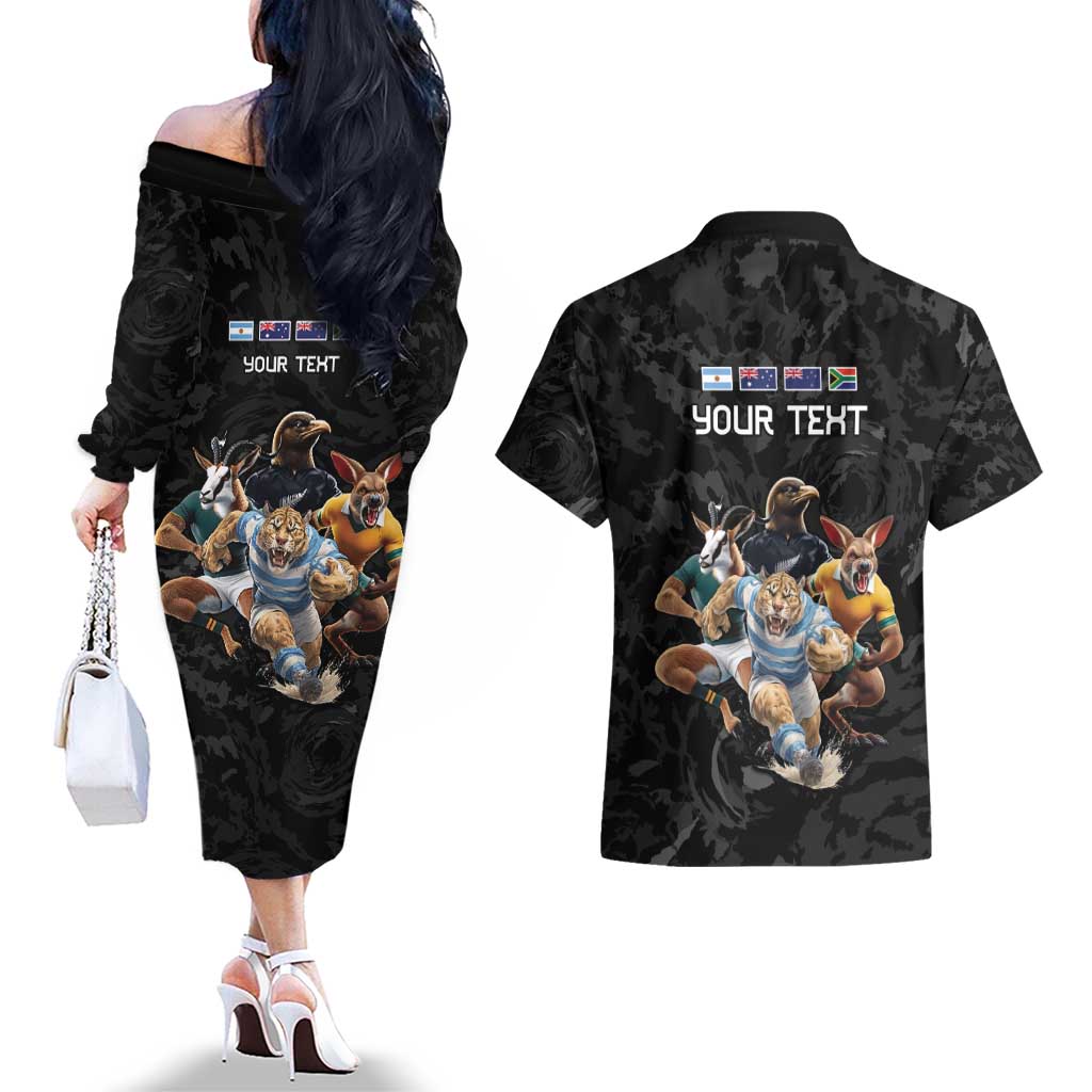 Custom Rugby Southern Hemisphere Couples Matching Off The Shoulder Long Sleeve Dress and Hawaiian Shirt Argentina AUNZ South Africa Mascot Black - Polynesian Pride