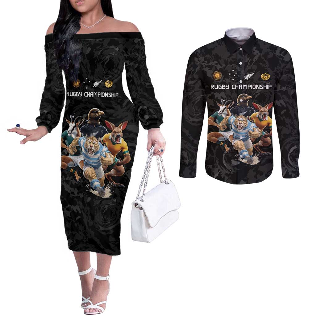 Custom Rugby Southern Hemisphere Couples Matching Off The Shoulder Long Sleeve Dress and Long Sleeve Button Shirt Argentina AUNZ South Africa Mascot Black - Polynesian Pride