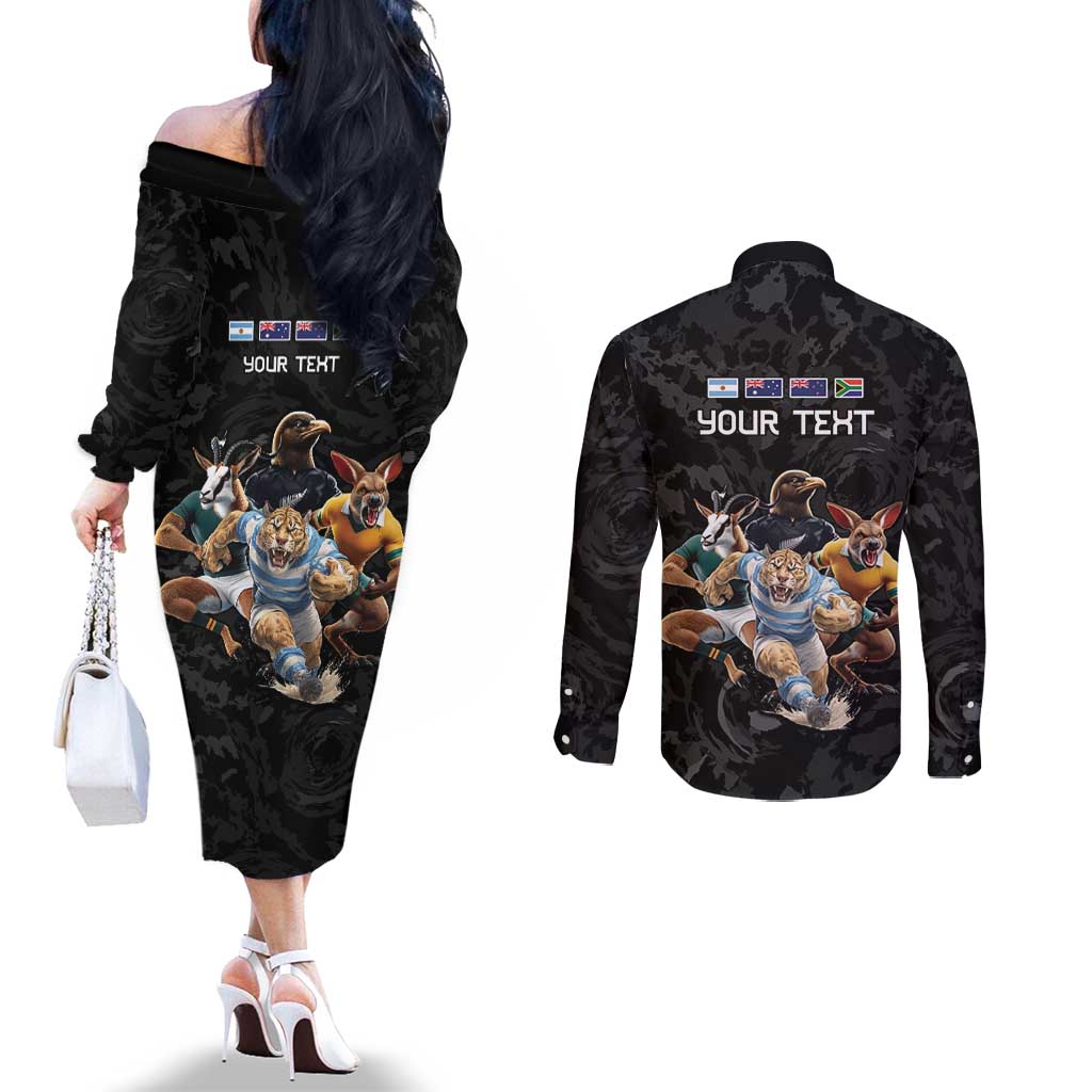 Custom Rugby Southern Hemisphere Couples Matching Off The Shoulder Long Sleeve Dress and Long Sleeve Button Shirt Argentina AUNZ South Africa Mascot Black - Polynesian Pride