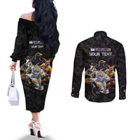 Custom Rugby Southern Hemisphere Couples Matching Off The Shoulder Long Sleeve Dress and Long Sleeve Button Shirt Argentina AUNZ South Africa Mascot Black - Polynesian Pride