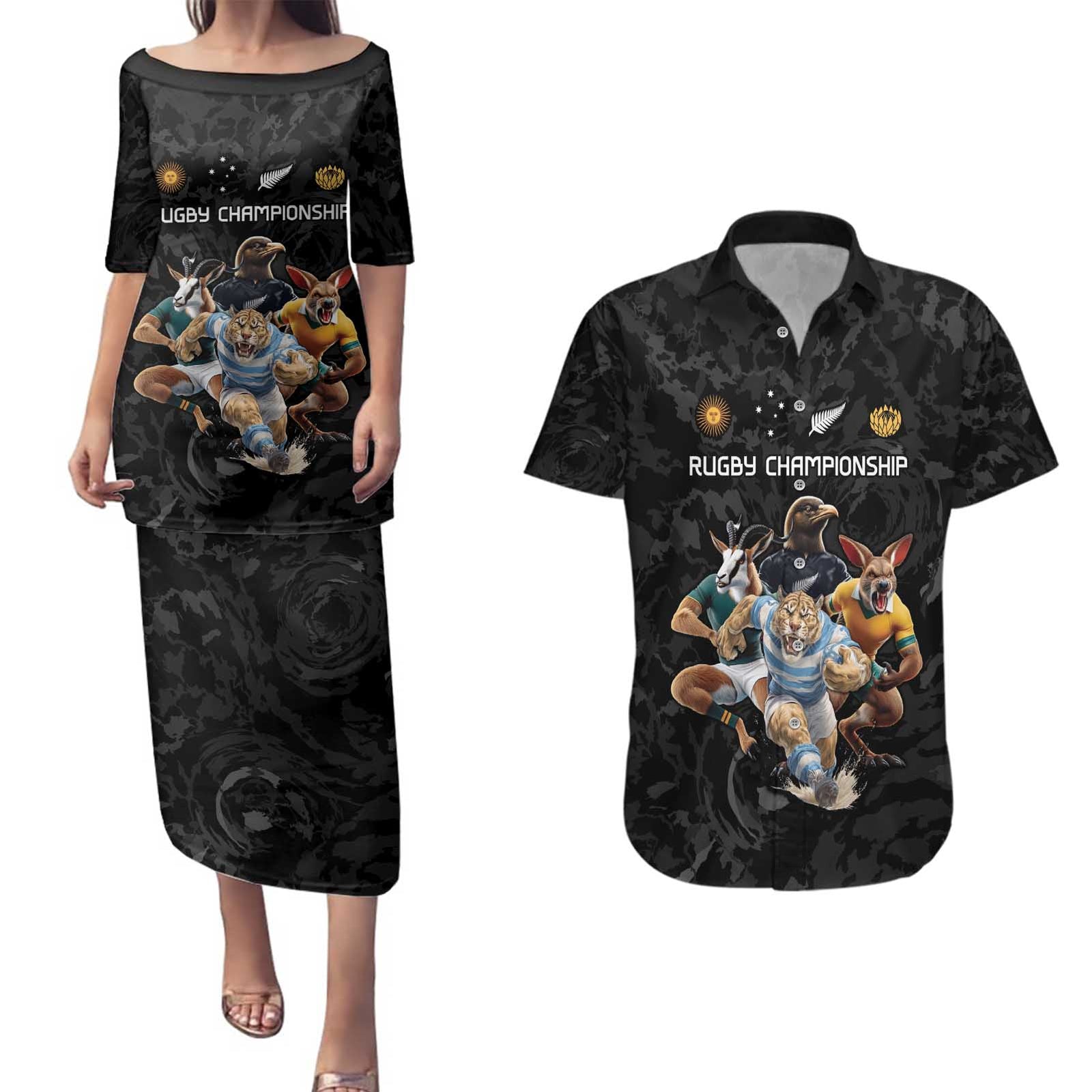 Custom Rugby Southern Hemisphere Couples Matching Puletasi and Hawaiian Shirt Argentina AUNZ South Africa Mascot Black LT9 Black - Polynesian Pride