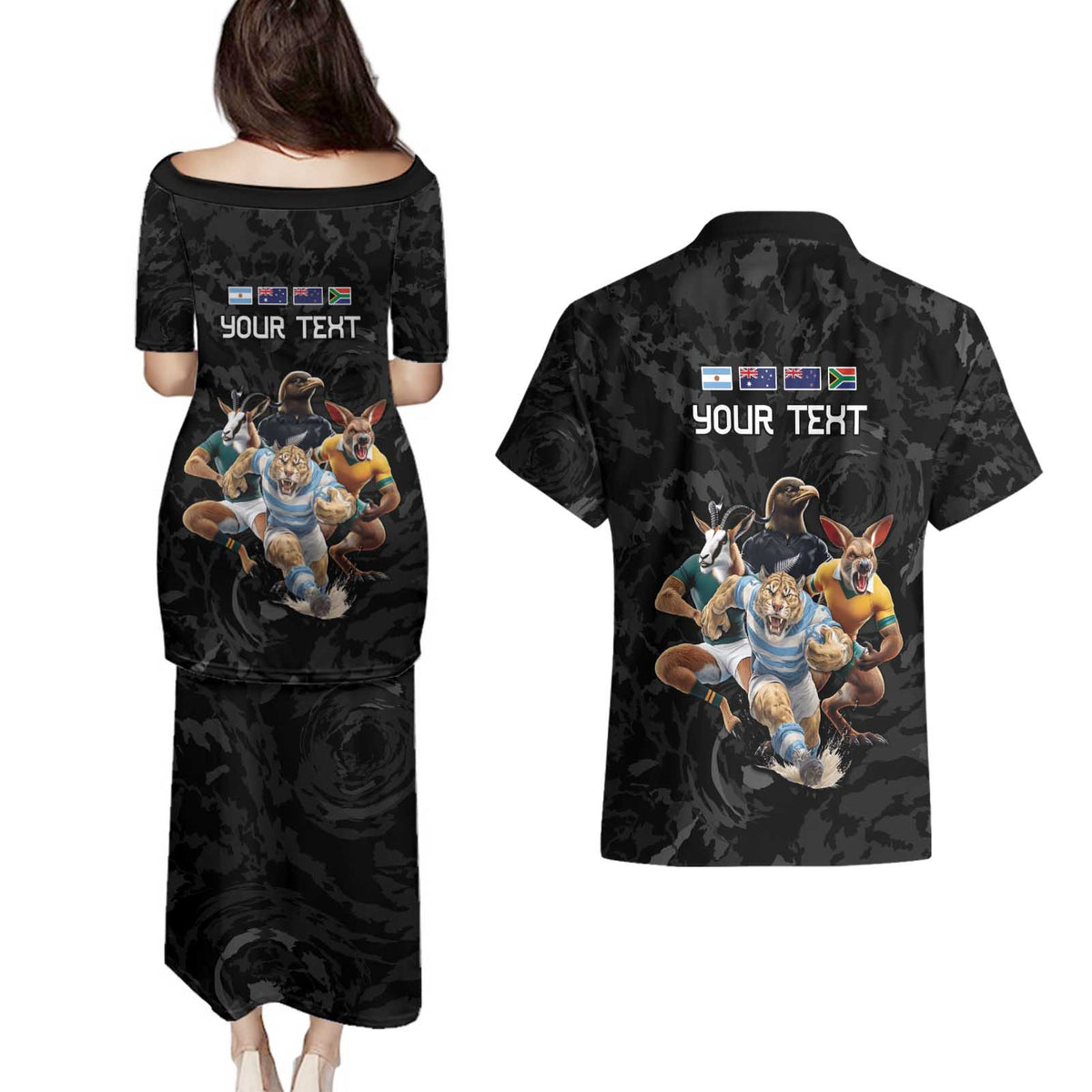 Custom Rugby Southern Hemisphere Couples Matching Puletasi and Hawaiian Shirt Argentina AUNZ South Africa Mascot Black - Polynesian Pride