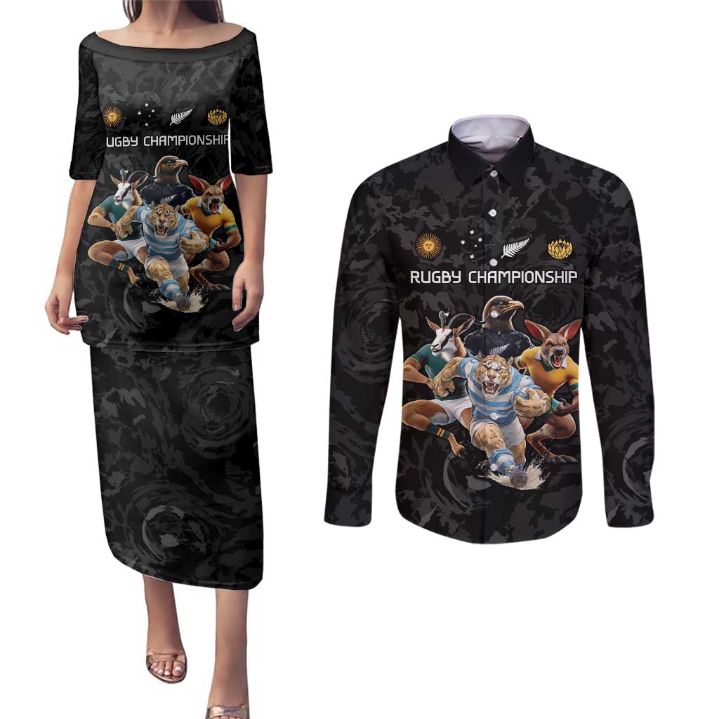 Custom Rugby Southern Hemisphere Couples Matching Puletasi and Long Sleeve Button Shirt Argentina AUNZ South Africa Mascot Black - Polynesian Pride