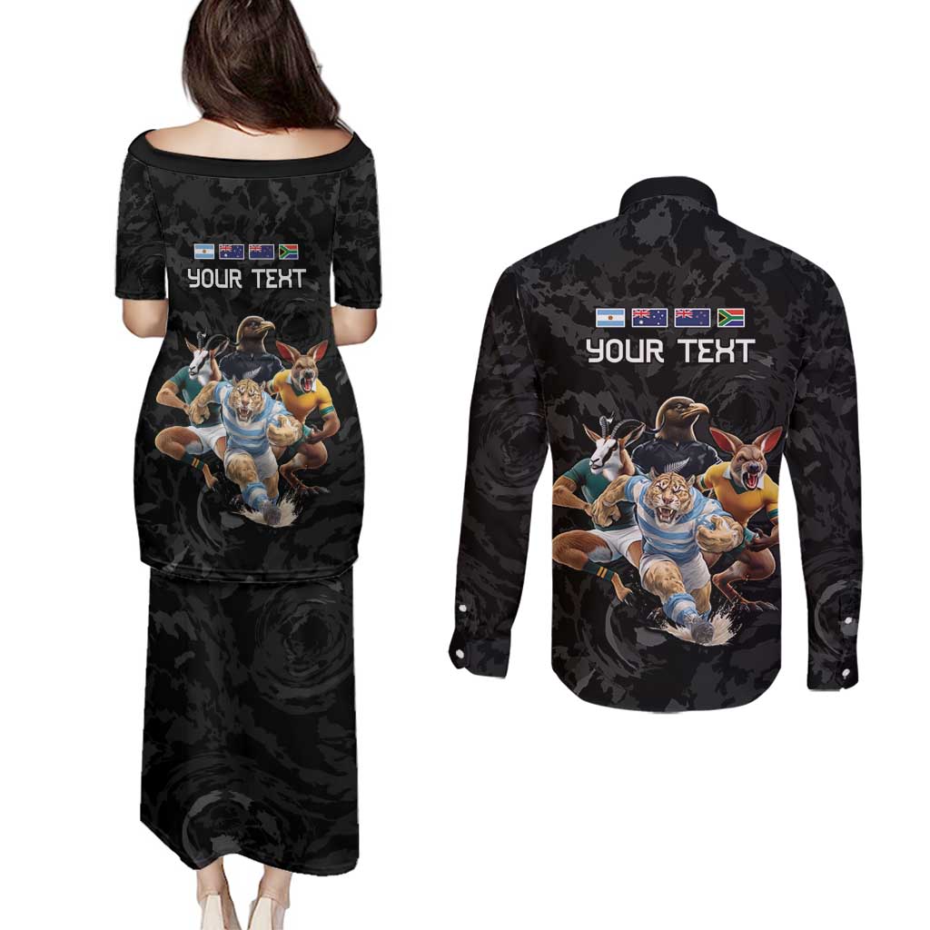 Custom Rugby Southern Hemisphere Couples Matching Puletasi and Long Sleeve Button Shirt Argentina AUNZ South Africa Mascot Black - Polynesian Pride