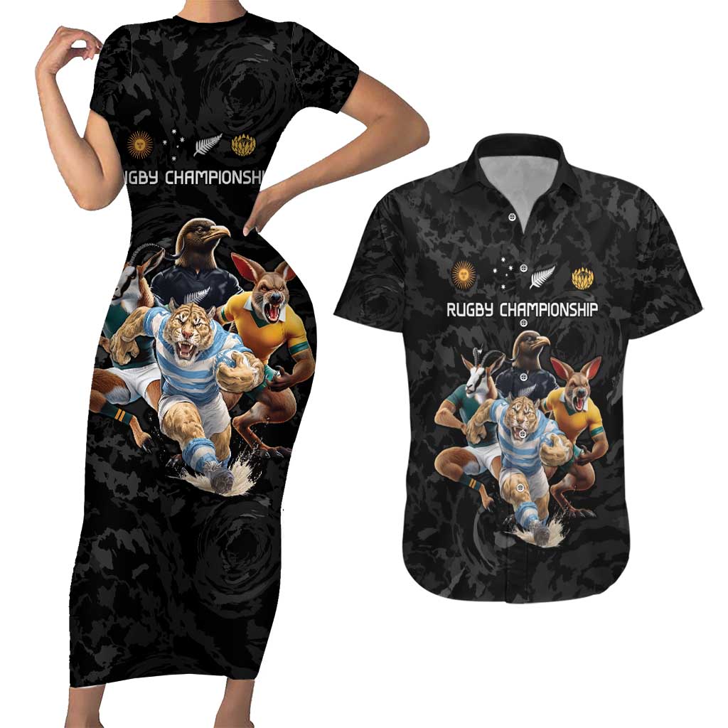 Custom Rugby Southern Hemisphere Couples Matching Short Sleeve Bodycon Dress and Hawaiian Shirt Argentina AUNZ South Africa Mascot Black LT9 Black - Polynesian Pride