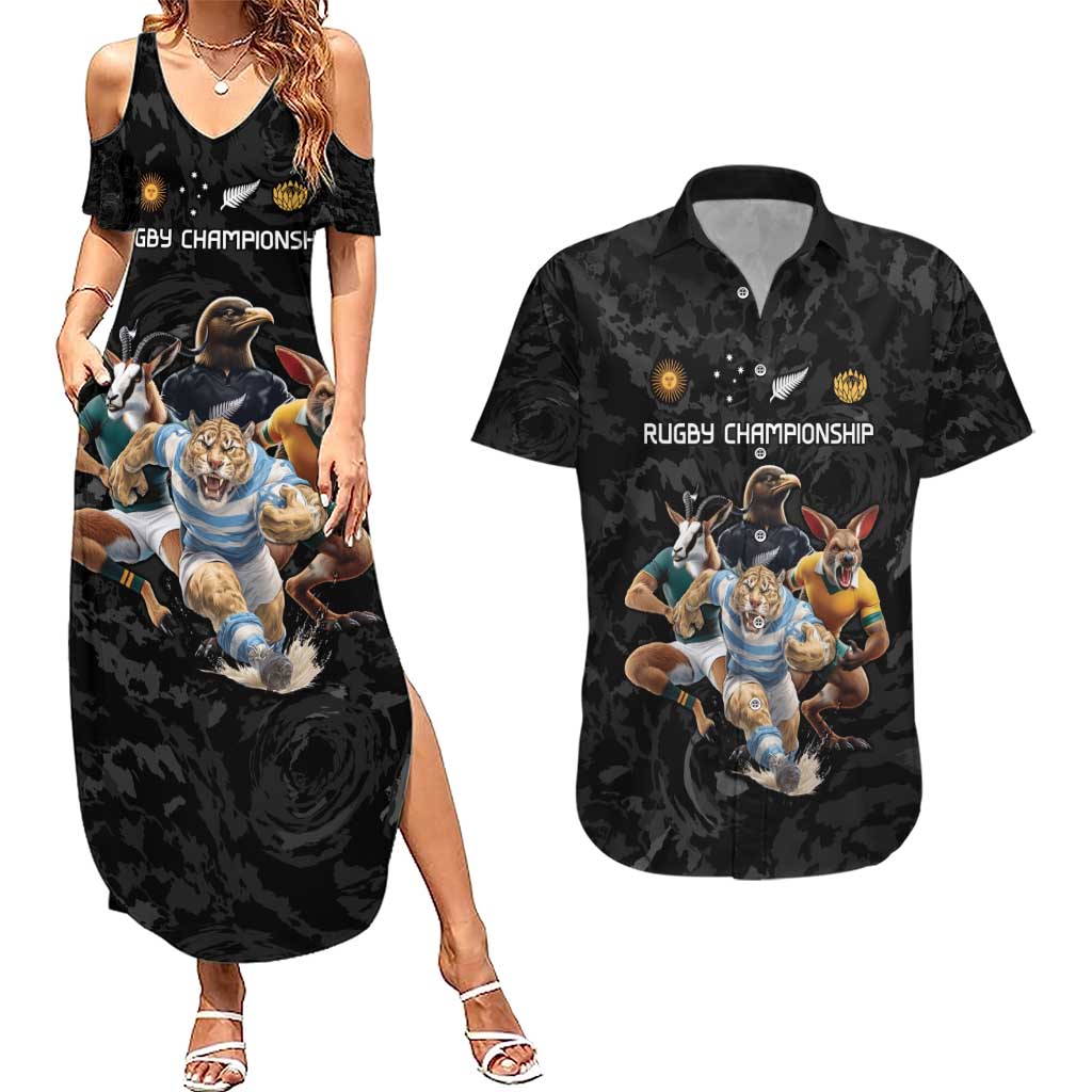 Custom Rugby Southern Hemisphere Couples Matching Summer Maxi Dress and Hawaiian Shirt Argentina AUNZ South Africa Mascot Black LT9 Black - Polynesian Pride
