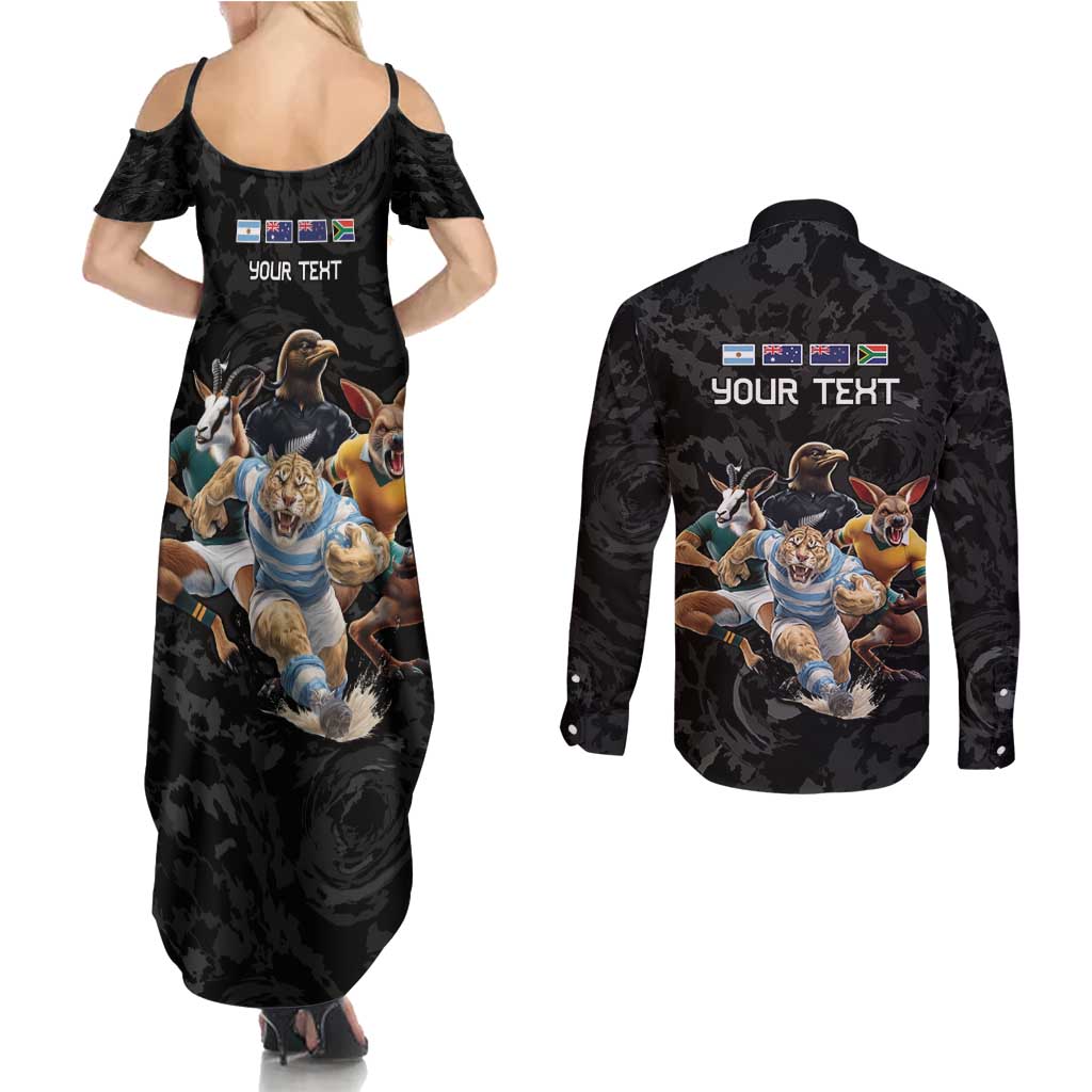 Custom Rugby Southern Hemisphere Couples Matching Summer Maxi Dress and Long Sleeve Button Shirt Argentina AUNZ South Africa Mascot Black - Polynesian Pride