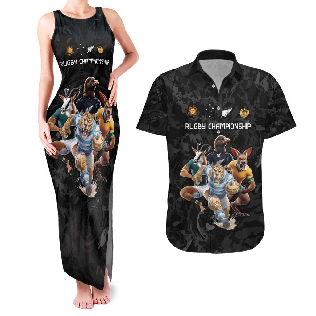 Custom Rugby Southern Hemisphere Couples Matching Tank Maxi Dress and Hawaiian Shirt Argentina AUNZ South Africa Mascot Black LT9 Black - Polynesian Pride