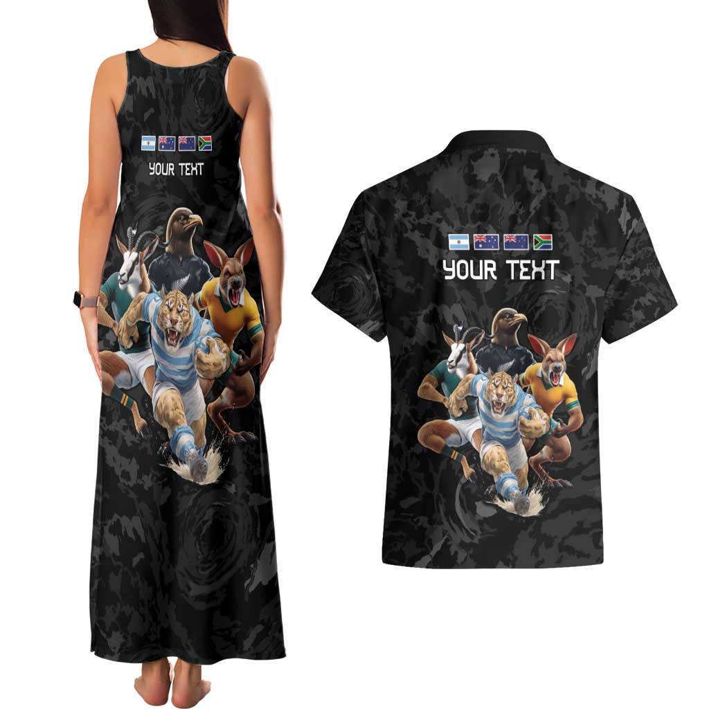 Custom Rugby Southern Hemisphere Couples Matching Tank Maxi Dress and Hawaiian Shirt Argentina AUNZ South Africa Mascot Black - Polynesian Pride