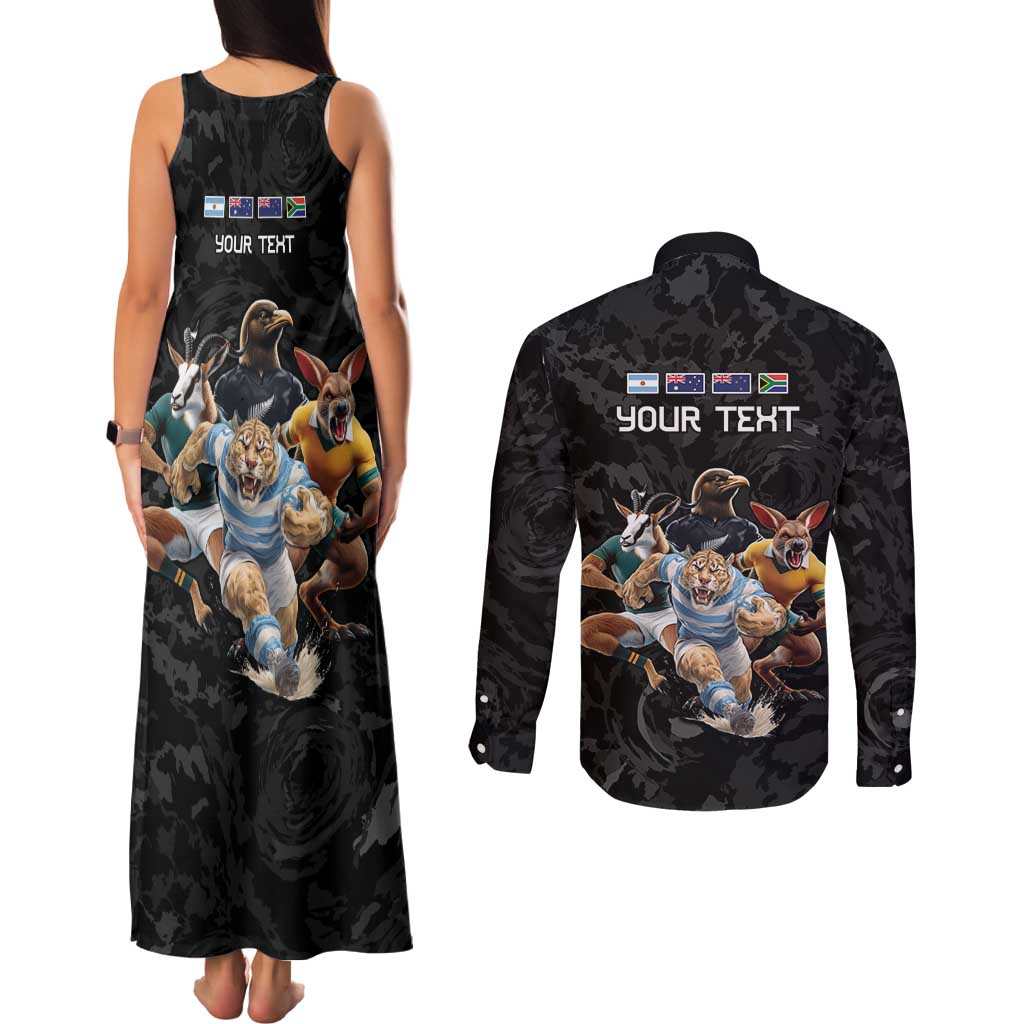 Custom Rugby Southern Hemisphere Couples Matching Tank Maxi Dress and Long Sleeve Button Shirt Argentina AUNZ South Africa Mascot Black - Polynesian Pride