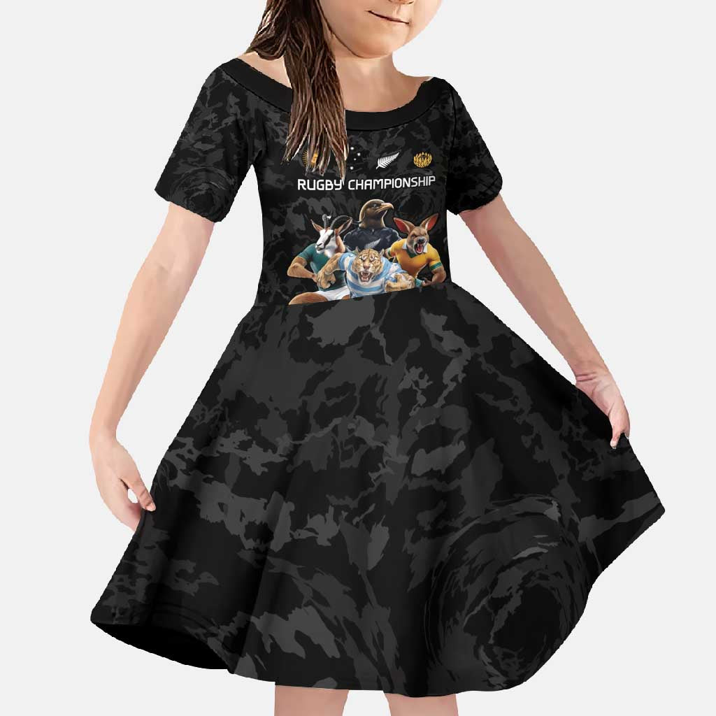 Custom Rugby Southern Hemisphere Family Matching Long Sleeve Bodycon Dress and Hawaiian Shirt Argentina AUNZ South Africa Mascot Black - Polynesian Pride