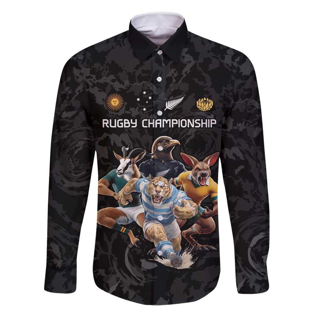 Custom Rugby Southern Hemisphere Family Matching Long Sleeve Bodycon Dress and Hawaiian Shirt Argentina AUNZ South Africa Mascot Black - Polynesian Pride