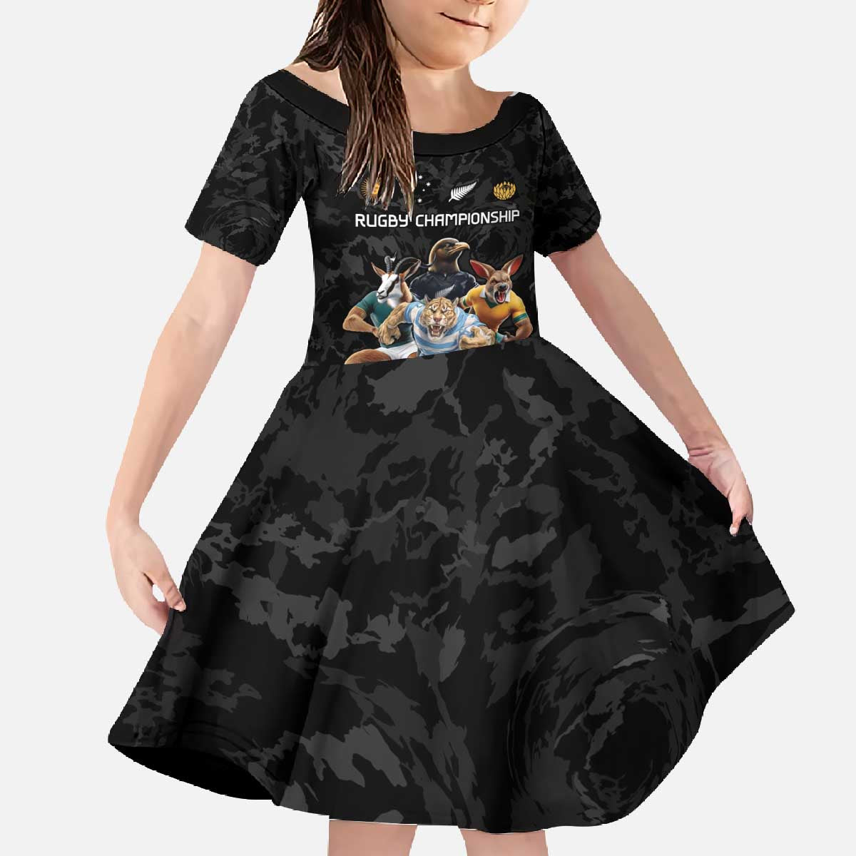 Custom Rugby Southern Hemisphere Family Matching Off The Shoulder Long Sleeve Dress and Hawaiian Shirt Argentina AUNZ South Africa Mascot Black - Polynesian Pride