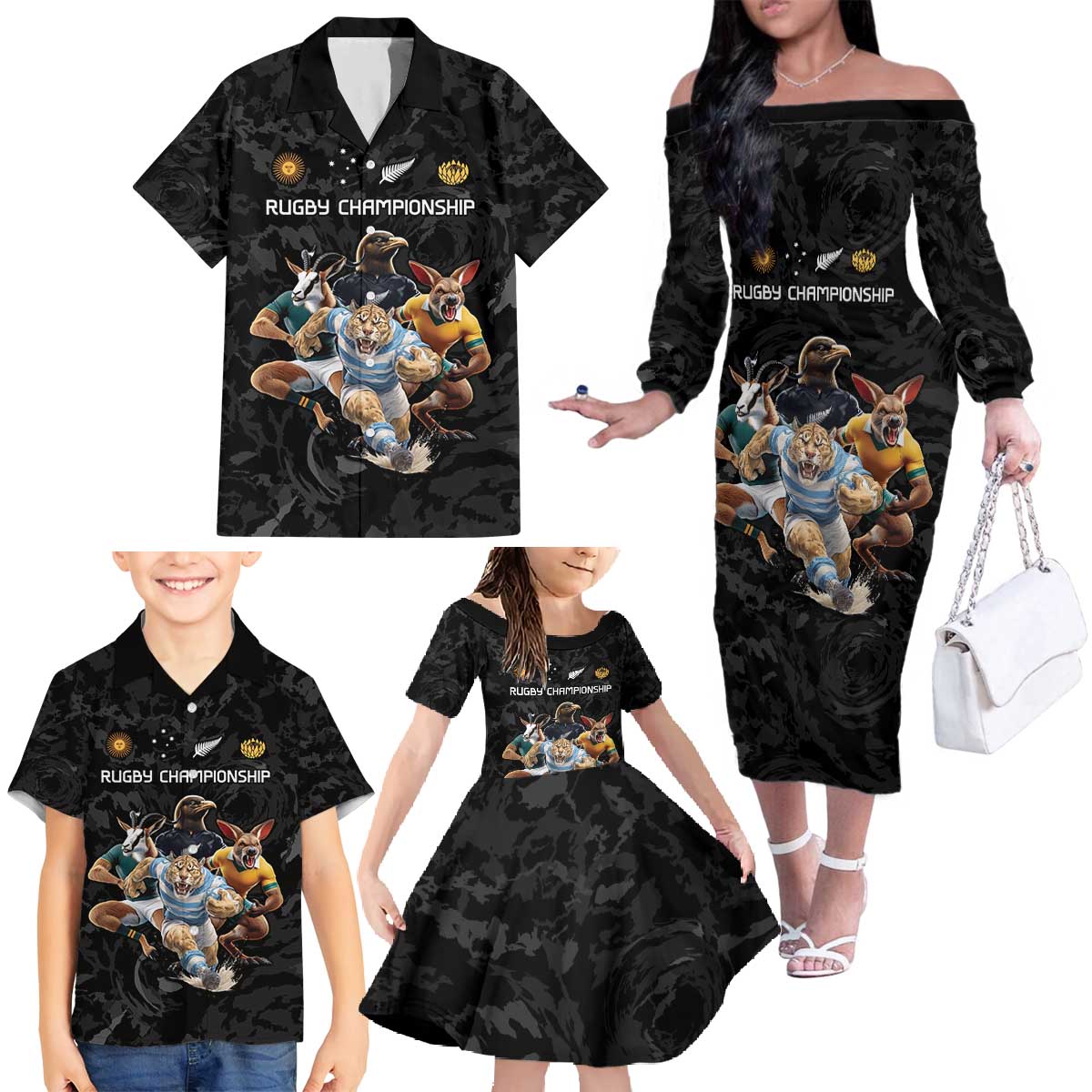 Custom Rugby Southern Hemisphere Family Matching Off The Shoulder Long Sleeve Dress and Hawaiian Shirt Argentina AUNZ South Africa Mascot Black LT9 - Polynesian Pride