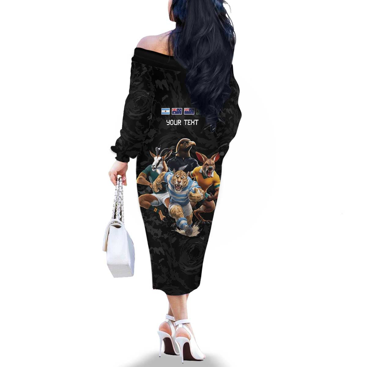 Custom Rugby Southern Hemisphere Family Matching Off The Shoulder Long Sleeve Dress and Hawaiian Shirt Argentina AUNZ South Africa Mascot Black - Polynesian Pride