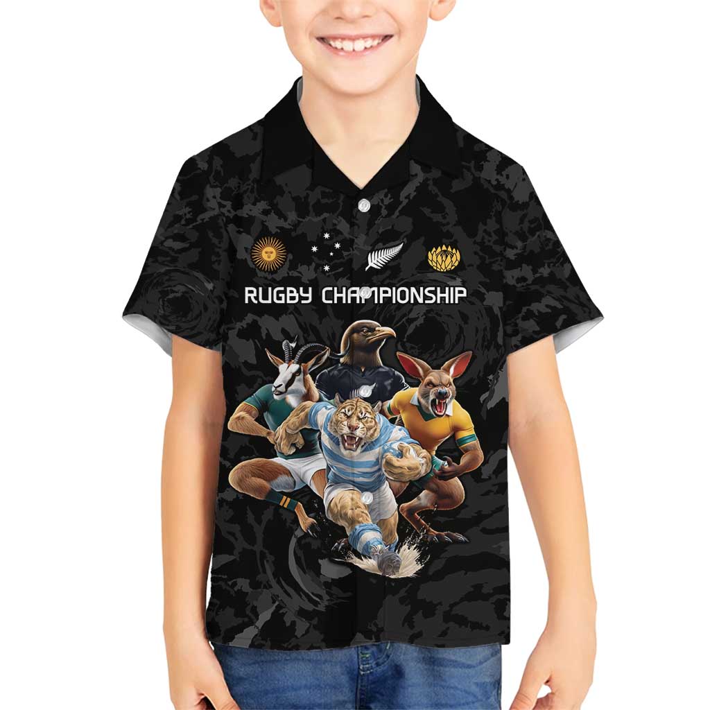 Custom Rugby Southern Hemisphere Family Matching Off Shoulder Short Dress and Hawaiian Shirt Argentina AUNZ South Africa Mascot Black - Polynesian Pride