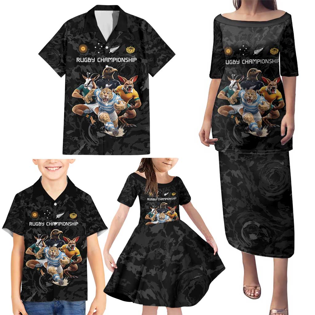 Custom Rugby Southern Hemisphere Family Matching Puletasi and Hawaiian Shirt Argentina AUNZ South Africa Mascot Black LT9 - Polynesian Pride