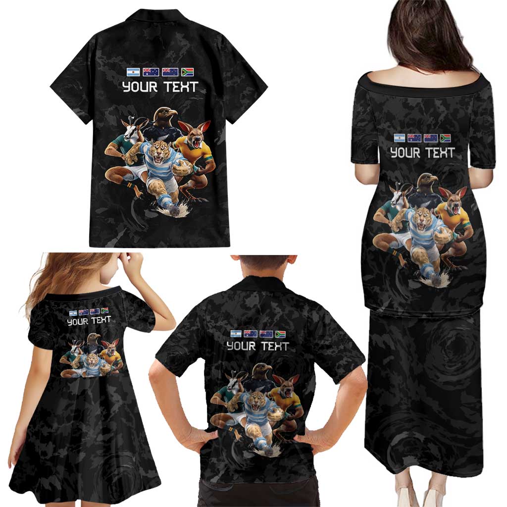 Custom Rugby Southern Hemisphere Family Matching Puletasi and Hawaiian Shirt Argentina AUNZ South Africa Mascot Black - Polynesian Pride