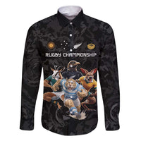 Custom Rugby Southern Hemisphere Family Matching Short Sleeve Bodycon Dress and Hawaiian Shirt Argentina AUNZ South Africa Mascot Black - Polynesian Pride
