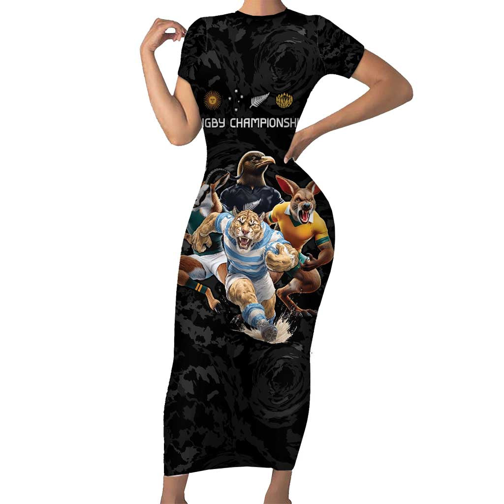 Custom Rugby Southern Hemisphere Family Matching Short Sleeve Bodycon Dress and Hawaiian Shirt Argentina AUNZ South Africa Mascot Black - Polynesian Pride