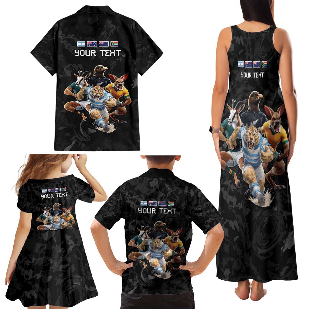 Custom Rugby Southern Hemisphere Family Matching Tank Maxi Dress and Hawaiian Shirt Argentina AUNZ South Africa Mascot Black - Polynesian Pride