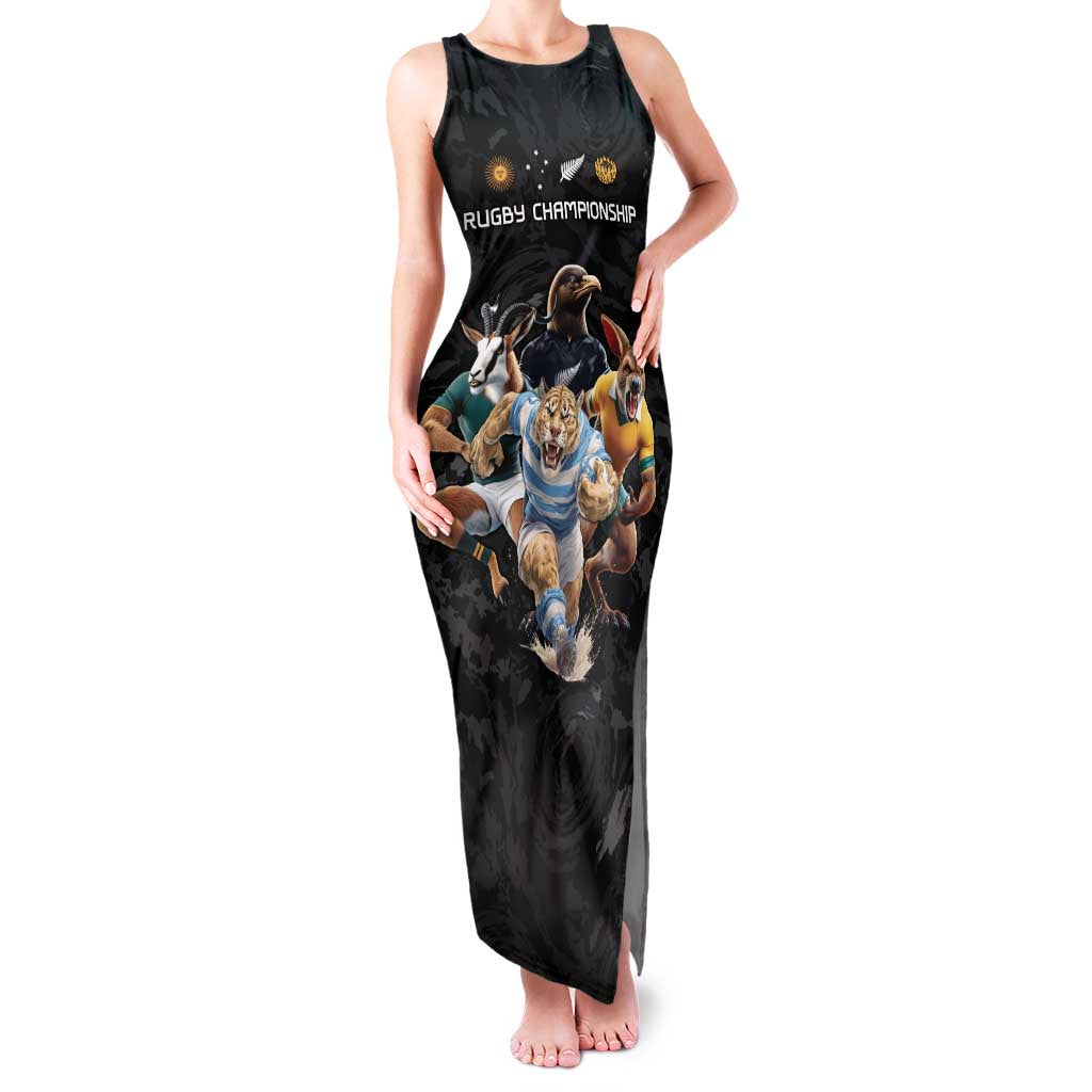 Custom Rugby Southern Hemisphere Family Matching Tank Maxi Dress and Hawaiian Shirt Argentina AUNZ South Africa Mascot Black - Polynesian Pride