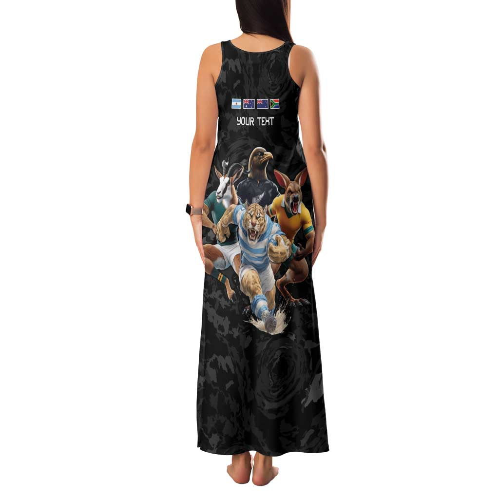 Custom Rugby Southern Hemisphere Family Matching Tank Maxi Dress and Hawaiian Shirt Argentina AUNZ South Africa Mascot Black - Polynesian Pride
