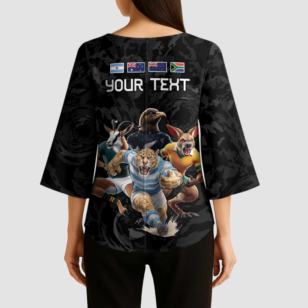 Custom Rugby Southern Hemisphere Kimono Sleeve Blouse Argentina AUNZ South Africa Mascot Black - Polynesian Pride