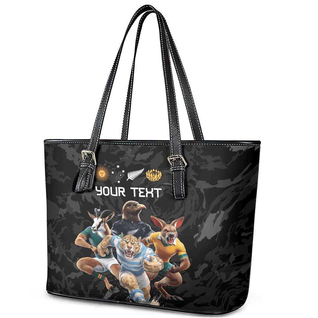 Custom Rugby Southern Hemisphere Leather Tote Bag Argentina AUNZ South Africa Mascot Black - Polynesian Pride