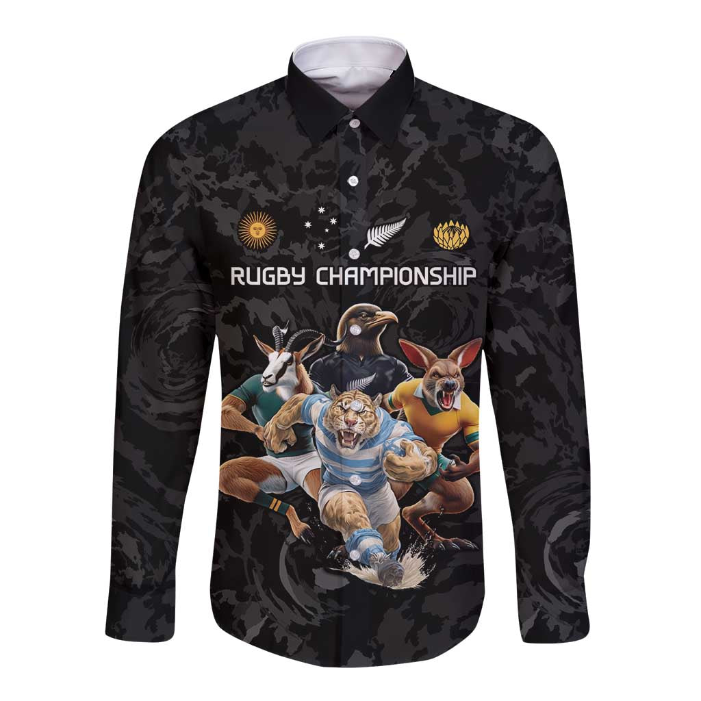 Custom Rugby Southern Hemisphere Long Sleeve Button Shirt Argentina AUNZ South Africa Mascot Black LT9 Unisex Black - Polynesian Pride